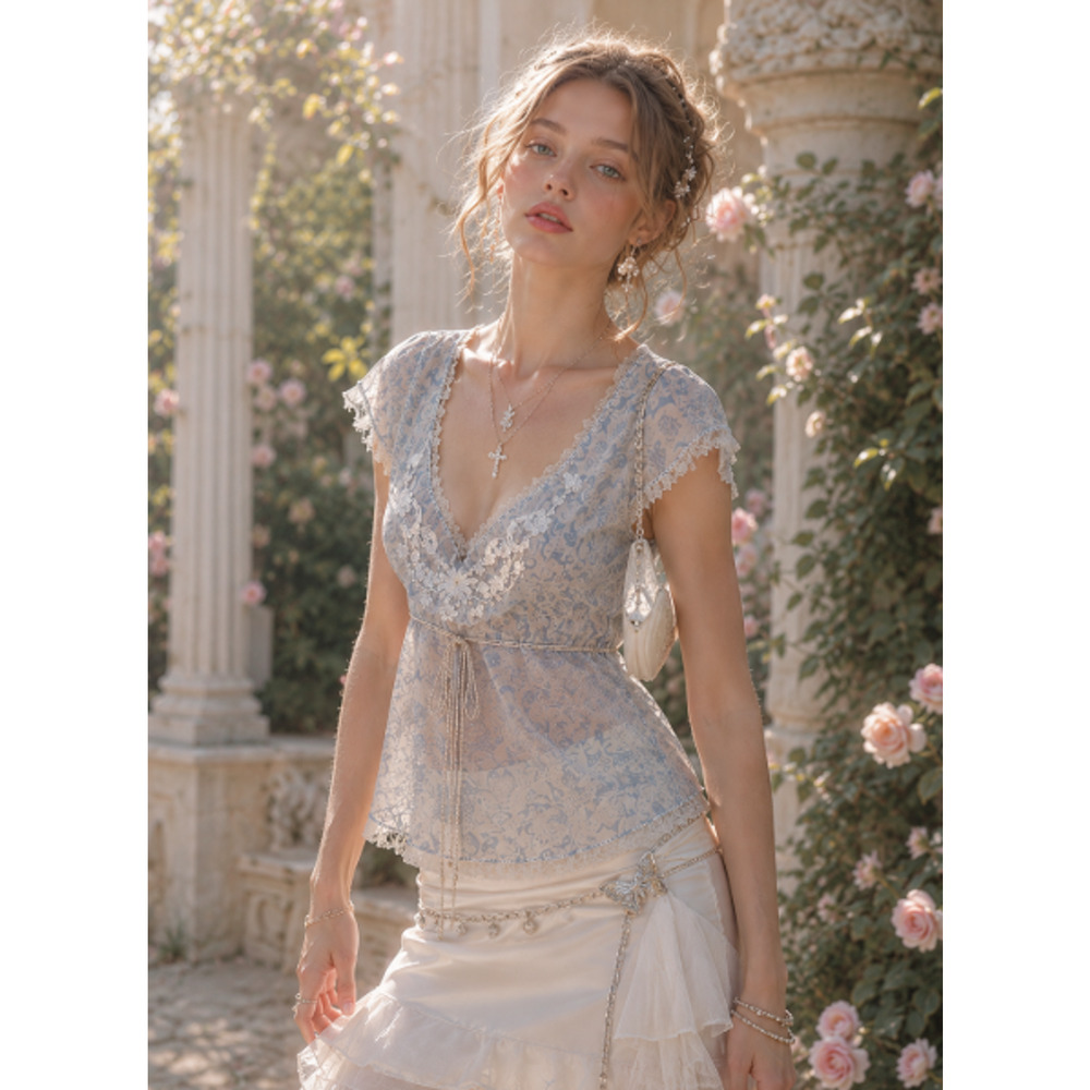 NWT Elie Tahari 100% Silk Daisy Blouse Women Slate Blue Sheer Lace XS Y2K Fairy